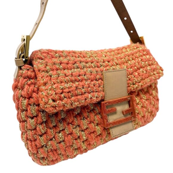 FENDI Vintage FF Mamma Baguette Wool Knit Shoulder Bag Glitter Orange [106267] - Picture 10 of 14